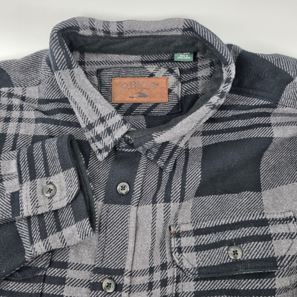 Orvis Mens XXL Classic Plaid Flannel Shirt/Shacket  Grey Black Side Pockets